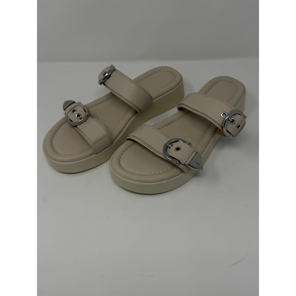 Frye Western Double Buckle Platform Slide Sandal Beige Leather Women Size 8